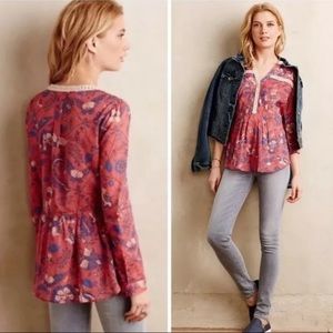 Maeve Abella Pintuck Peasant Blouse Floral Sz 2